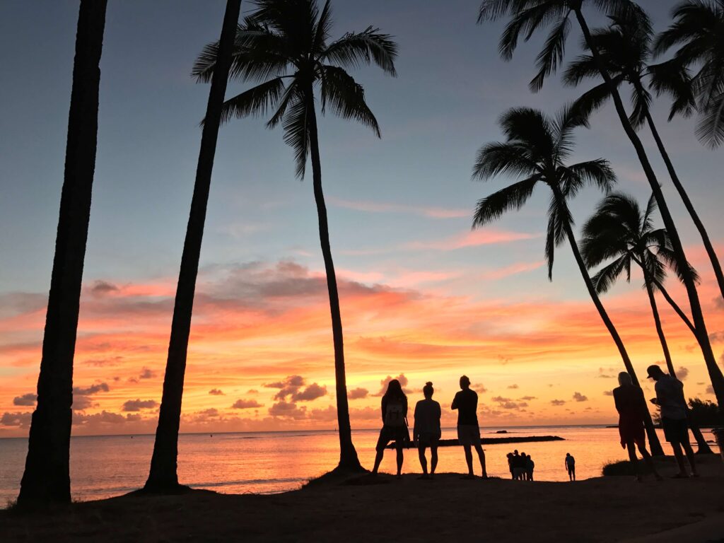 Silhouettes of people and palm trees looking out onto the ocean sunset in Haleiwa, Hawaii.