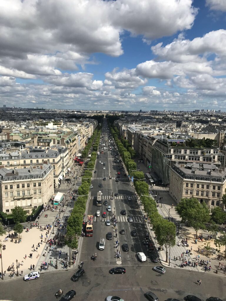 The view of Parisian streets from the top of the Arc de Triomphe in Paris, France.