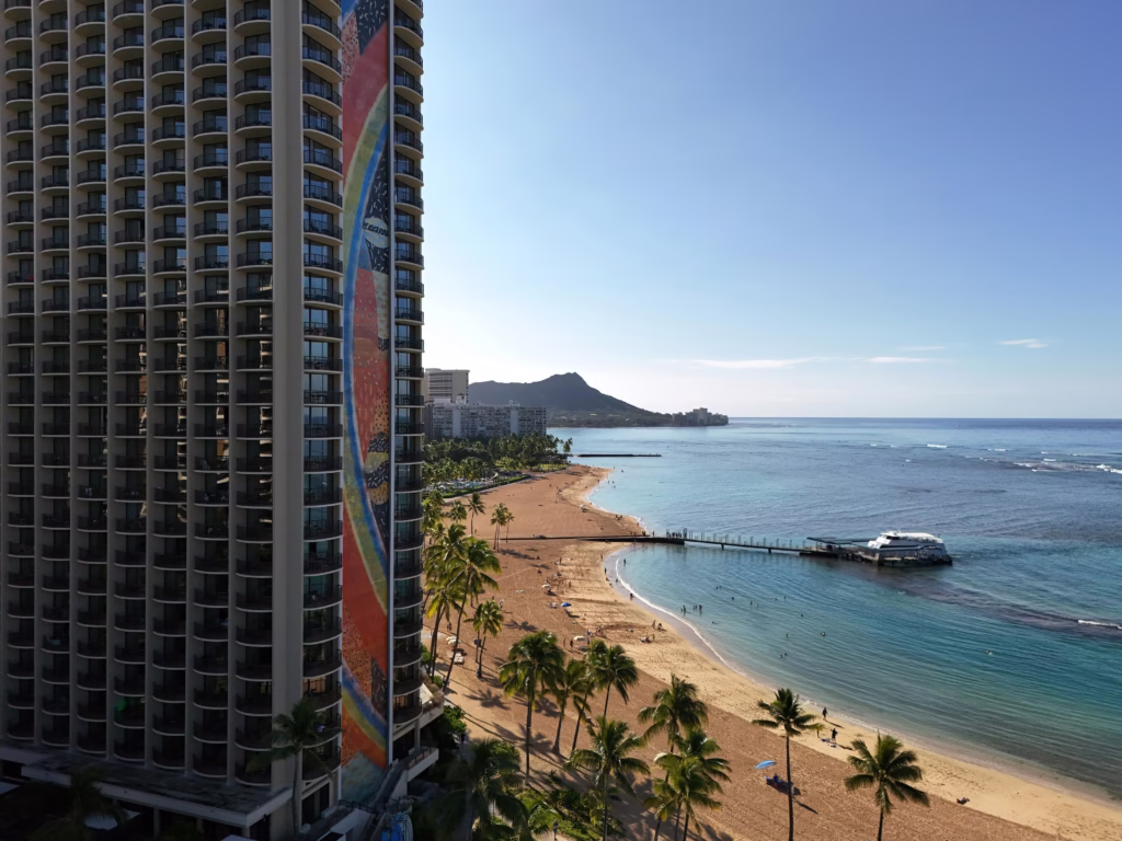 Hilton Hawaiian Village review - aerial shot of the Rainbow Tower and Waikiki Beach