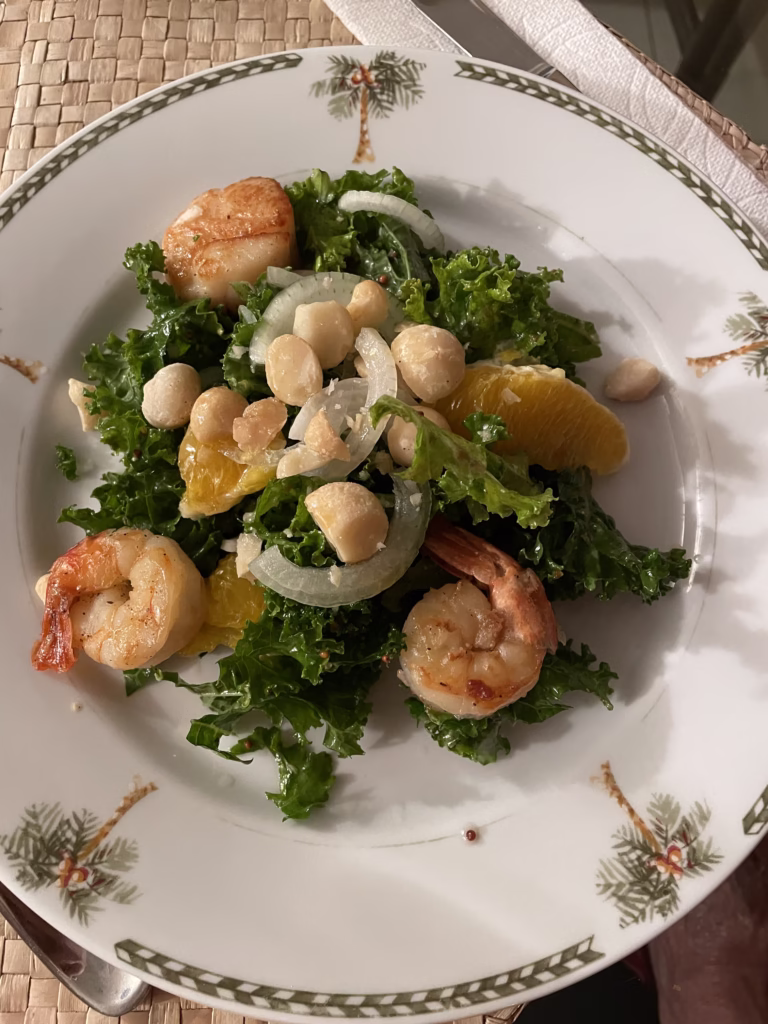 Seafood salad with items from the Fish Market in Maui and local macadamia nuts.