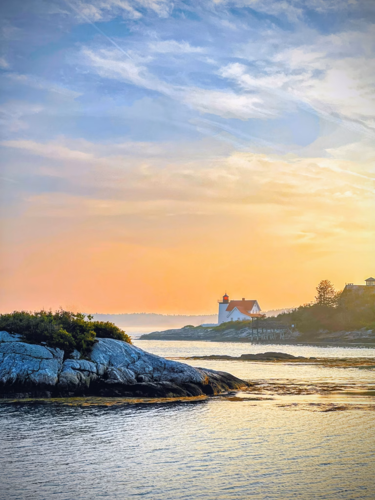 The Best things to do in Boothbay Harbor Maine featuring rocky coastline at sunset hour