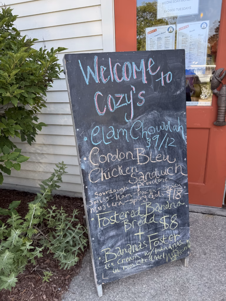 Cozys dockside signs with specials Southport Maine