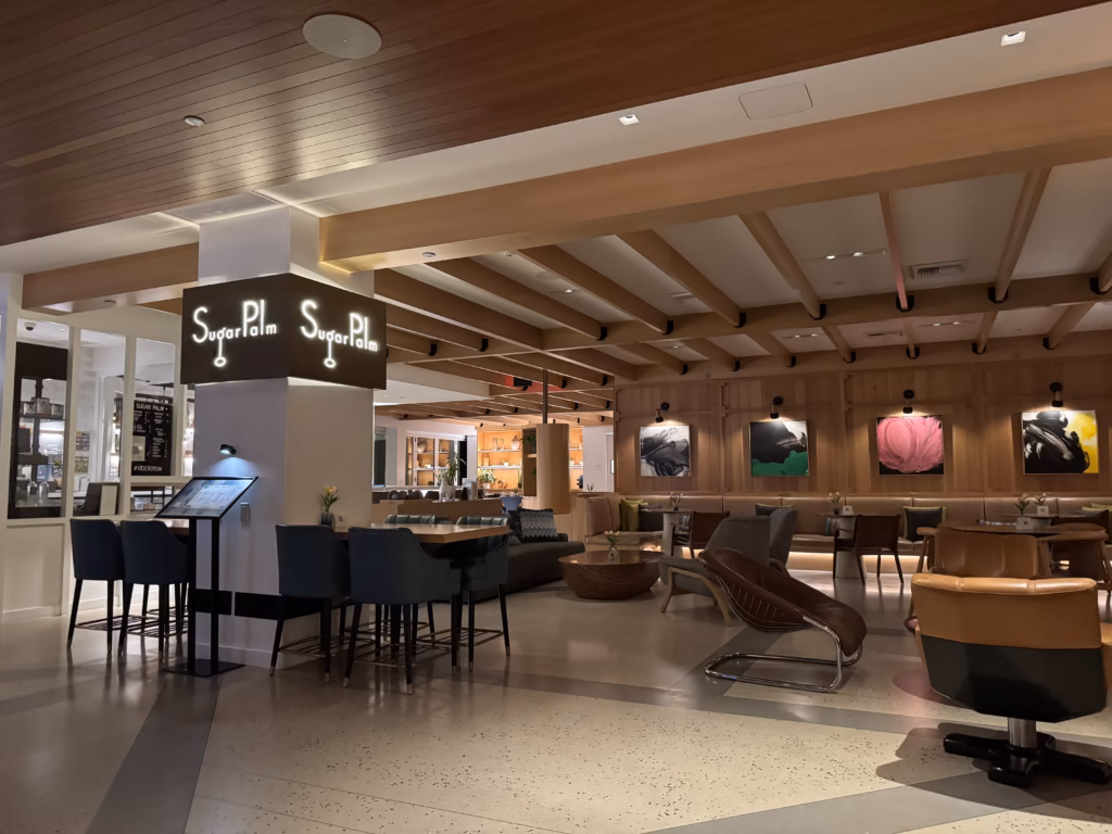Sugar Palm and midcentury lobby seating area