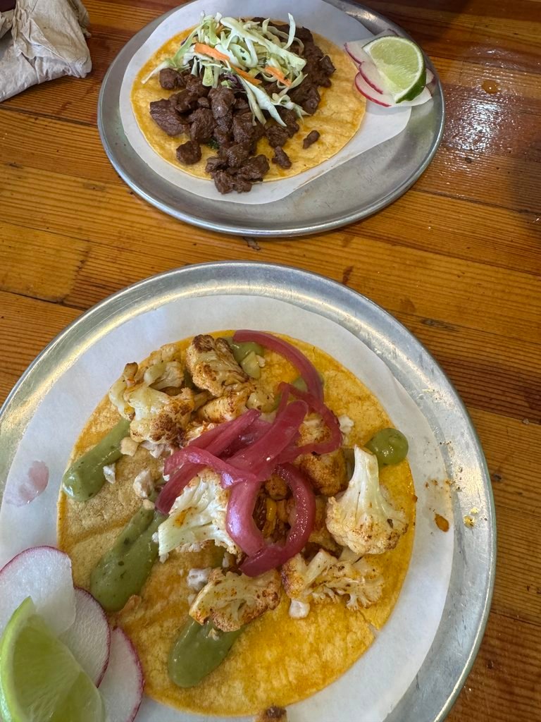 Tacos from Trejo's tacos - cauliflower veggie and steak adobo